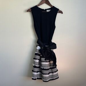 Rickie Freeman for Teri Jon Black and White Sleeveless Dress with Fringe